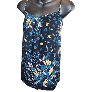 Loft Sheer Black, Yellow & Teal Floral Print Sleeveless Top Size Medium